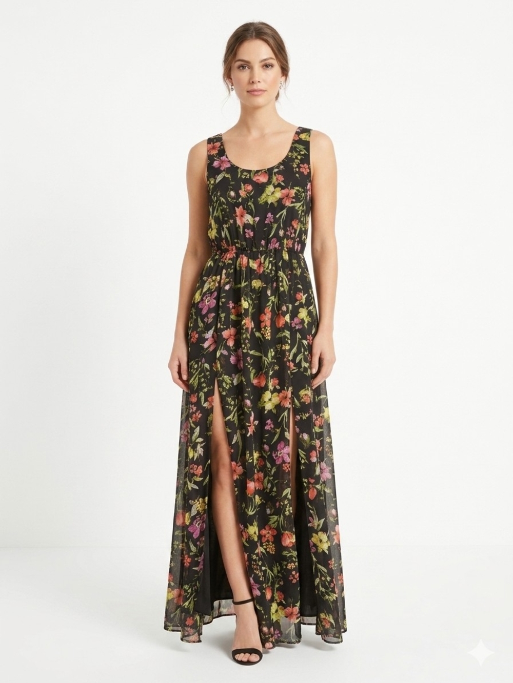 Philosophy Black Floral Sleeveless Maxi Dress M Double Slit P2p19 L54